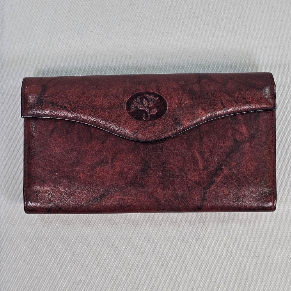 Vintage Buxton Burgundy Top Grain Cowhide Leather Trifold Clutch Wallet Embossed